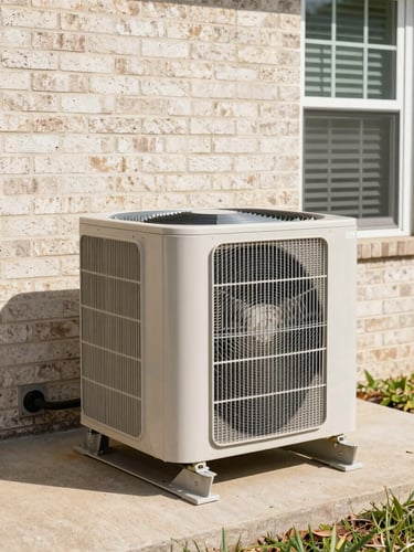 A clean modern outdoor air conditioning condenser unit installed next to a neat Oklahoma brick home, bright daylight, sharp focus