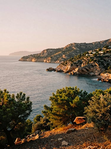 Panoramic view of a rugged Mediterranean coastline at dusk, warm golden light reflecting on the water, dusty green pine trees, 35mm film aesthetic.