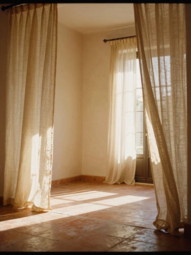 Portrait framing of an empty light-filled villa interior with linen curtains blowing in the wind, warm golden-hour sunlight casting soft shadows on terracotta floors, 35mm film aesthetic
