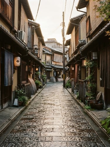 A quiet historic street in Kyoto during soft morning light, wet cobblestones, traditional wooden machiya facades, no people, rich textures, desaturated warm tones, 35mm film look.