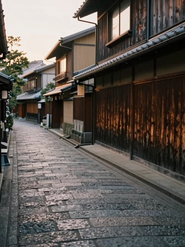 Quiet narrow stone alleyway in Kyoto at dawn, soft overcast daylight, weathered wood textures, moody editorial look, 35mm film style