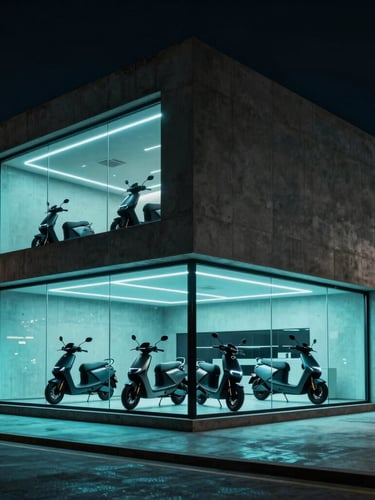 Cinematic architectural shot of a modern minimalist concrete showroom building in Lahore at night, glowing neon-cyan interior lights, large glass windows displaying sleek electric scooters