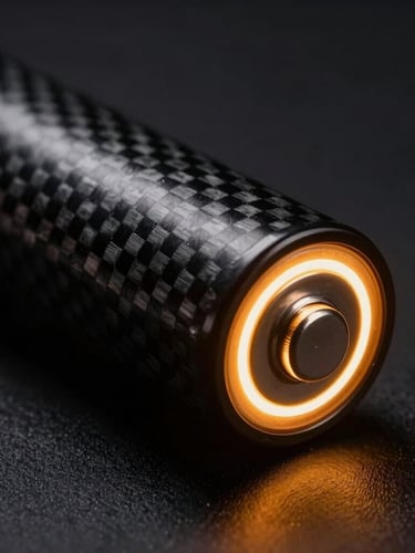 Macro detail shot of a sealed lithium-iron-phosphate battery casing, glowing electric-amber rim lighting, carbon fiber textures, dark studio background