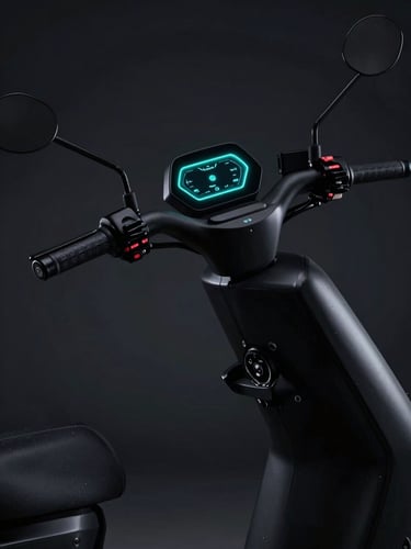 Sleek dark-mode automotive photography of matte-black electric scooter handlebars, neon-cyan glowing dashboard, dramatic low-key studio lighting, high-contrast cinematic style, 85mm lens