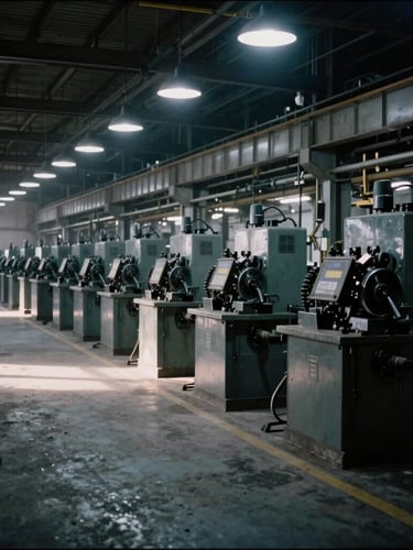 Wide environmental 35mm shot of an empty factory floor at shift change, dramatic industrial lighting, technical machinery outlines