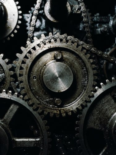 Close-up of gritty industrial machinery gears with high-contrast directional light, cool steel and charcoal tones, sharp focus, 35mm