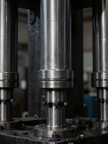 Macro high-contrast 35mm shot of heavy hydraulic press pistons, cool steel tones, dramatic directional industrial lighting