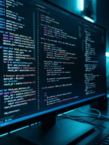Macro shot of a high-contrast computer monitor displaying complex python code and SQL queries, cool neon blue backlight, shallow depth of field, 35mm dark tech photography