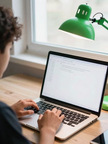 Dynamic overhead angle of a student desk, laptop screen showing a clean document preview, neon green desk lamp, high contrast, 35mm