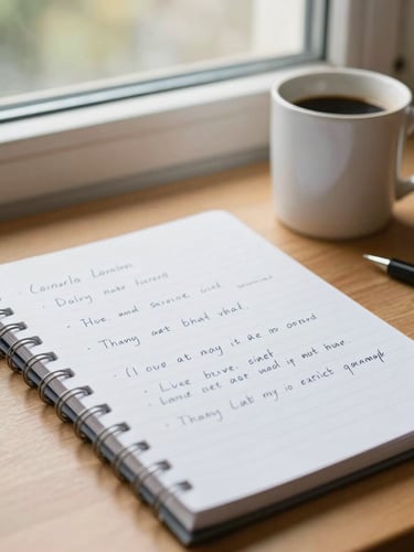 Close-up of handwritten tablet notes on a wooden desk next to a coffee mug, natural dorm-room window light, vibrant editorial style, shallow depth of field