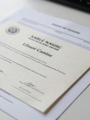 Macro shot of official stamped corporate certificates and filed documents on a clean desk, overcast daylight, muted tones