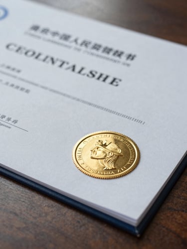Macro shot of an official corporate certificate with a physical gold embossed seal, resting on a dark wood desk under overcast daylight