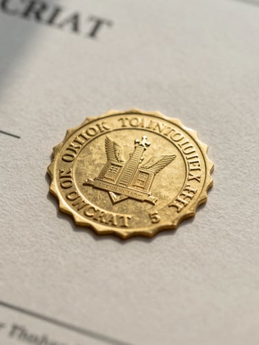 Macro close-up of a stamped corporate certificate of incorporation on textured cream paper, casting soft shadows under bright overcast daylight, sharp focus on the official gold seal.