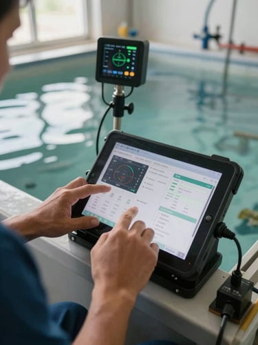 Close documentary framing of a worker's hands operating a tablet-based control interface mounted beside a biofloc tank, sensor readouts and system status visible on screen, tank water surface blurred in background, bright natural daylight from side window