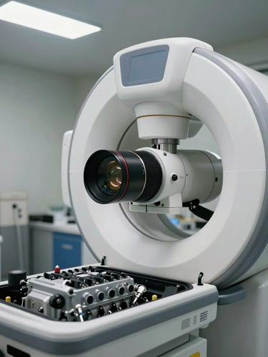 Sharp close-up of a modern diagnostic scanner connected to an engine bay, bright overhead workshop lighting, clean industrial setting.
