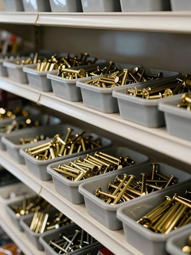 Straight-on architectural shot of an organized neighborhood hardware store counter, clean bins of brass fasteners, natural workshop daylight, rich industrial tones, sharp focus, 35mm lens