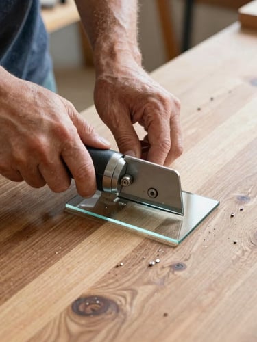 Close-up of a worker's hands using a professional glass cutter on a heavy timber workbench, glass particles, natural workshop light, 35mm lens