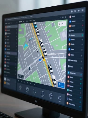 High-contrast image of a modern logistics dashboard displaying a map with vehicle icons and data overlays, crisp daylight, cool tones.