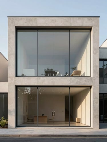 Frontal architectural view of a minimalist concrete and glass facade during golden hour, soft natural daylight, clean lines, high-end materials, 35mm lens