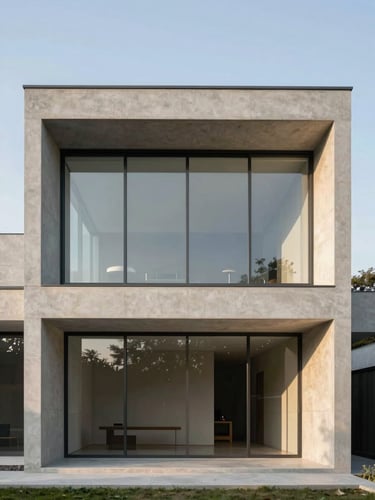 Symmetrical architectural shot of a minimalist concrete and glass villa facade during golden hour, soft natural shadows, clean orthogonal lines, 35mm lens
