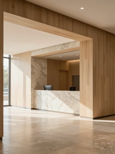 Editorial architectural photography of a corporate lobby, soft natural daylight, warm minimalist interior, clean lines, travertine marble and light wood, 35mm lens