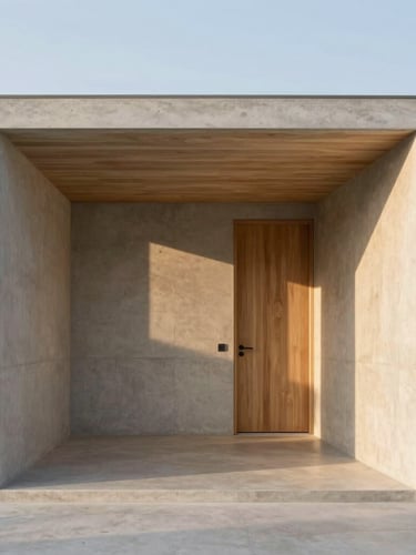 Frontal architectural shot of a minimalist concrete and wood pavilion, warm golden hour sunlight casting soft long shadows, clean lines, high-end materials, 35mm lens