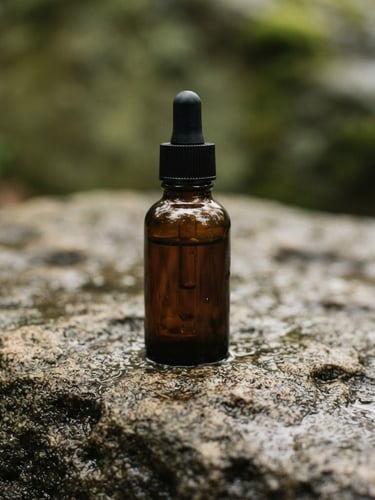 Macro close-up of a minimalist amber glass bottle resting on a wet textured sandstone, soft diffused natural daylight, gentle shadows, muted olive background, 35mm lens