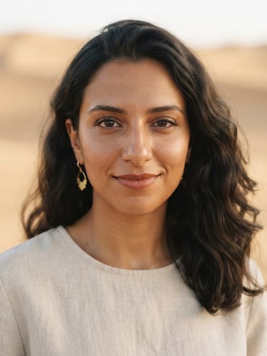 A clean portrait of a Middle Eastern woman with natural skin texture, soft diffused natural daylight, warm sand background, minimalist composition