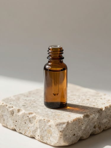 Macro close-up of amber glass dropper bottle resting on a block of light travertine stone, soft morning light casting gentle shadows, clean background