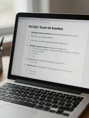 Overhead close-up of a laptop screen displaying a multiple-choice MCCQE1-style exam question with four answer options, soft overcast daylight from the left, clinical study desk setting, no visible text legible