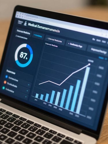 Close-up overhead view of a laptop screen displaying a dark-navy medical exam analytics dashboard — percentile ring at 87th, accuracy graph trending upward, subject performance bars for Internal Medicine and Cardiology, clean white chart lines on deep blue panels, soft studio lighting, no faces