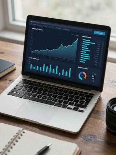 Overhead shot of a desk with a laptop displaying a medical analytics dashboard — accuracy trend graph curving upward, study hours bar chart, question usage breakdown by subject, dark navy UI on screen, soft overcast window light, notebook and pen in lower foreground corner