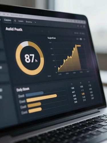 Close-up of a dark-mode analytics dashboard on a laptop screen, showing a circular percentile ring at 87th percentile in gold, a subject-wise accuracy bar chart, and a daily streak counter — overcast office lighting, screen glow dominant, laptop edge visible at bottom, no face visible