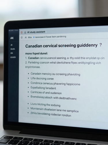Extreme close-up of a dark laptop screen showing a chat-style AI study assistant interface — a question about Canadian cervical screening guidelines typed in, a detailed AI response with mnemonic bullet points visible below, soft blue glow from the screen, overcast ambient light, no faces