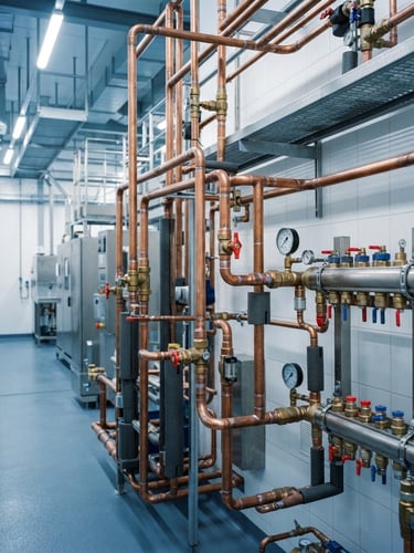 Crisp industrial photography of copper piping and industrial chiller manifolds in a clean-room manufacturing environment, cool blue and slate tones, sharp focus, 35mm