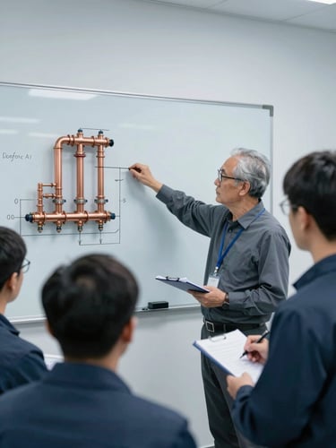 Professional technical training workshop, senior engineer pointing to a copper chiller manifold diagram on a white board, focused engineers taking notes, clinical light, 35mm