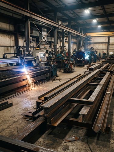 Wide shot of a modern metal fabrication workshop floor, heavy steel beams stacked, a CNC plasma cutting machine in the background with a blue arc, dramatic industrial lighting, sharp focus on metal textures.