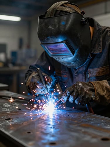 Close-up portrait shot of a skilled welder in protective gear, sparks flying from a clean weld bead on a heavy steel plate, dramatic workshop lighting, focused on the intense blue light of the arc.