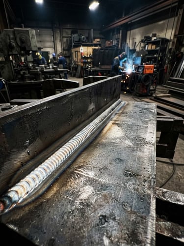 Close-up of a clean, strong weld bead on heavy-gauge steel, industrial workshop background, dramatic lighting, sharp focus, cool steel tones.