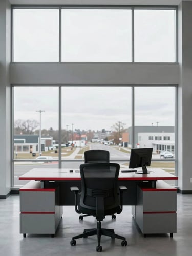Straight-on architectural shot of a modern, structured workspace in Southwestern Ontario, cool grey tones, crisp natural overcast light, 35mm
