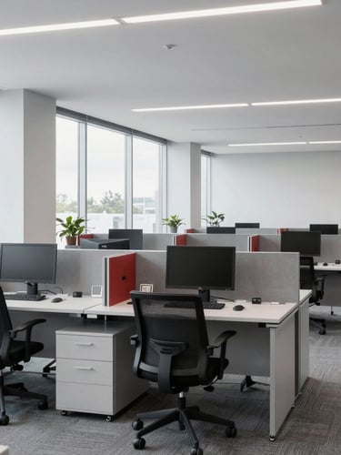 A crisp, straight-on architectural shot of a modern, organized office workspace in Southwestern Ontario, cool grey tones, bright natural overcast daylight, professional environment.