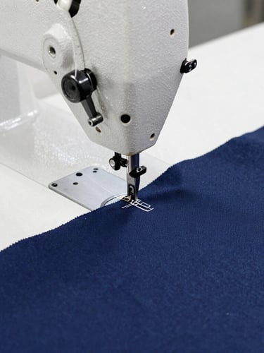 Close-up of industrial sewing machine stitching heavy navy canvas fabric, bright clean workspace lighting, sharp focus on thread texture, 35mm
