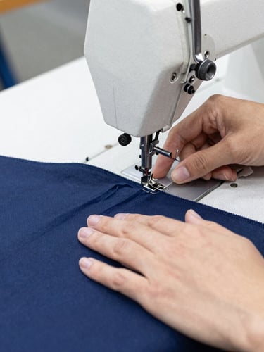 Close-up of hands guiding heavy navy canvas fabric through a professional sewing machine, bright clean workspace lighting, sharp focus on stitching, realistic documentary style, 35mm