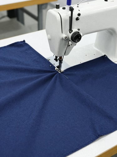 Close-up of industrial heavy-duty sewing machine stitching a custom navy blue canvas jacket, bright clean factory workspace lighting, sharp focus on fabric texture, 35mm