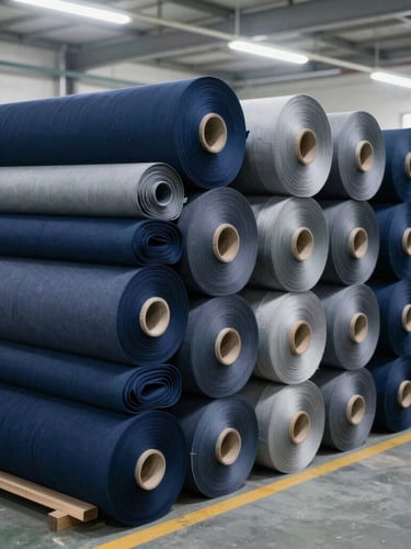Bright clean industrial factory floor in Cibitung, rolls of raw navy and slate gray textiles stacked neatly, overhead workspace lighting, realistic documentary style, 35mm