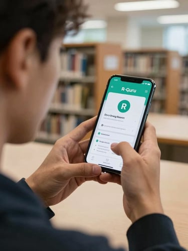 A close-up over-the-shoulder view of a young professional using the R-guru app on a phone in a bright, modern university library, natural daylight.
