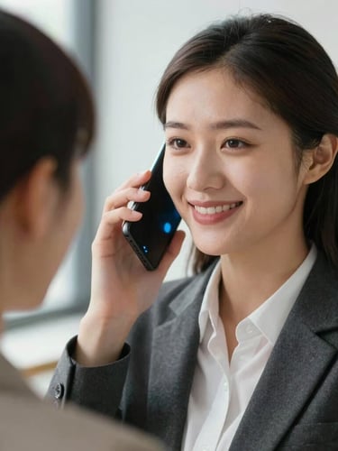 Over-the-shoulder shot of an ambitious young professional smiling with relief while speaking into a smartphone, bright daylight, subtle electric blue reflections on the screen.