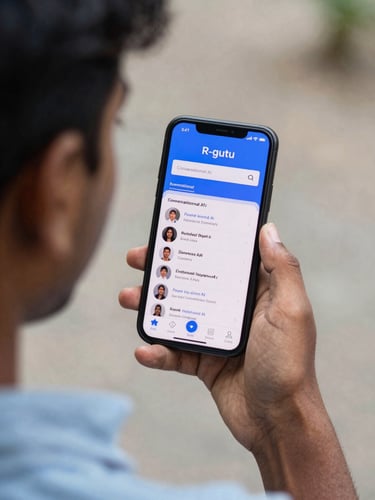 A close-up over-the-shoulder shot of an Indian student holding a smartphone displaying the R-guru conversational AI interface, bright daylight with subtle electric blue screen reflections.