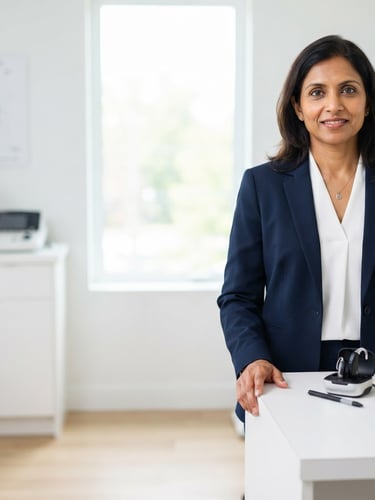 Professional portrait of Rashmi Nataraju in a bright, clean clinical setting, focused, with a subtle hint of advanced hearing technology on a desk, soft natural daylight, deep navy and crisp white tones, editorial 50mm, right third composition.