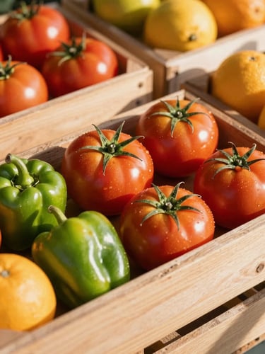 Rustic wooden crates overflowing with freshly harvested Egyptian tomatoes, vibrant green peppers, and citrus fruits, soft warm morning sunlight casting long shadows, macro detail, editorial food photography